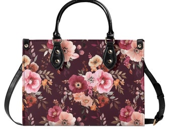 Burgundy Floral Shoulder Purse, Flowers Pink Vintage Crossbody Vegan Leather Top Handle Handbag Print Small Large Bag Women Ladies Designer