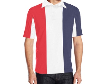 Red White Blue Vertical Men Polo Shirt, 90s Striped Vintage Stripe Short Sleeve Classic Collared Button Down Up Rugby Golf Polo Gift for Him