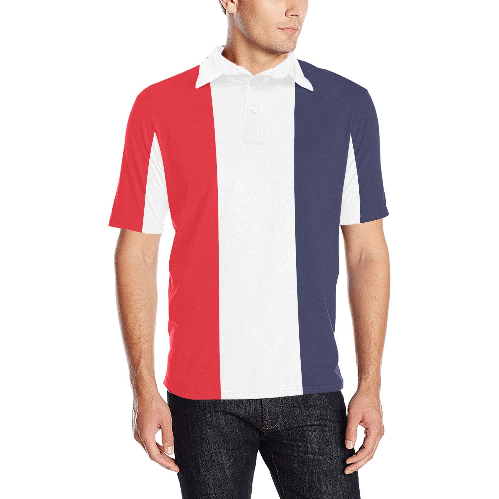 Red White Blue Vertical Men Polo Shirt, 90s Striped Vintage