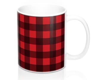 Buffalo Plaid Coffee Mug, Red and Black Lumberjack Check Tea Winter Christmas Ceramic 11oz Gift