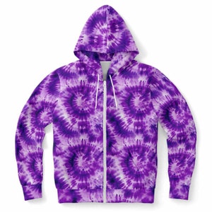 Purple Tie Dye Zip Up Hoodie, Front Zipper Pocket Men Women Unisex Adult Aesthetic Graphic Cotton Fleece Hooded Sweatshirt