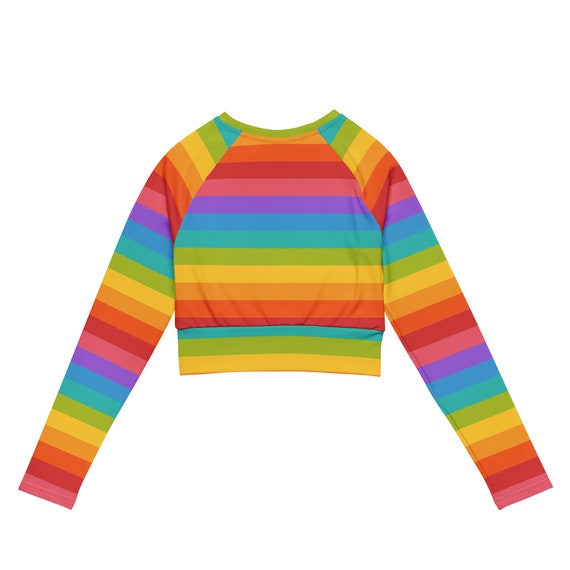 Buy Rainbow Long Sleeve Crop Top Shirt, Striped Recycled Fitted