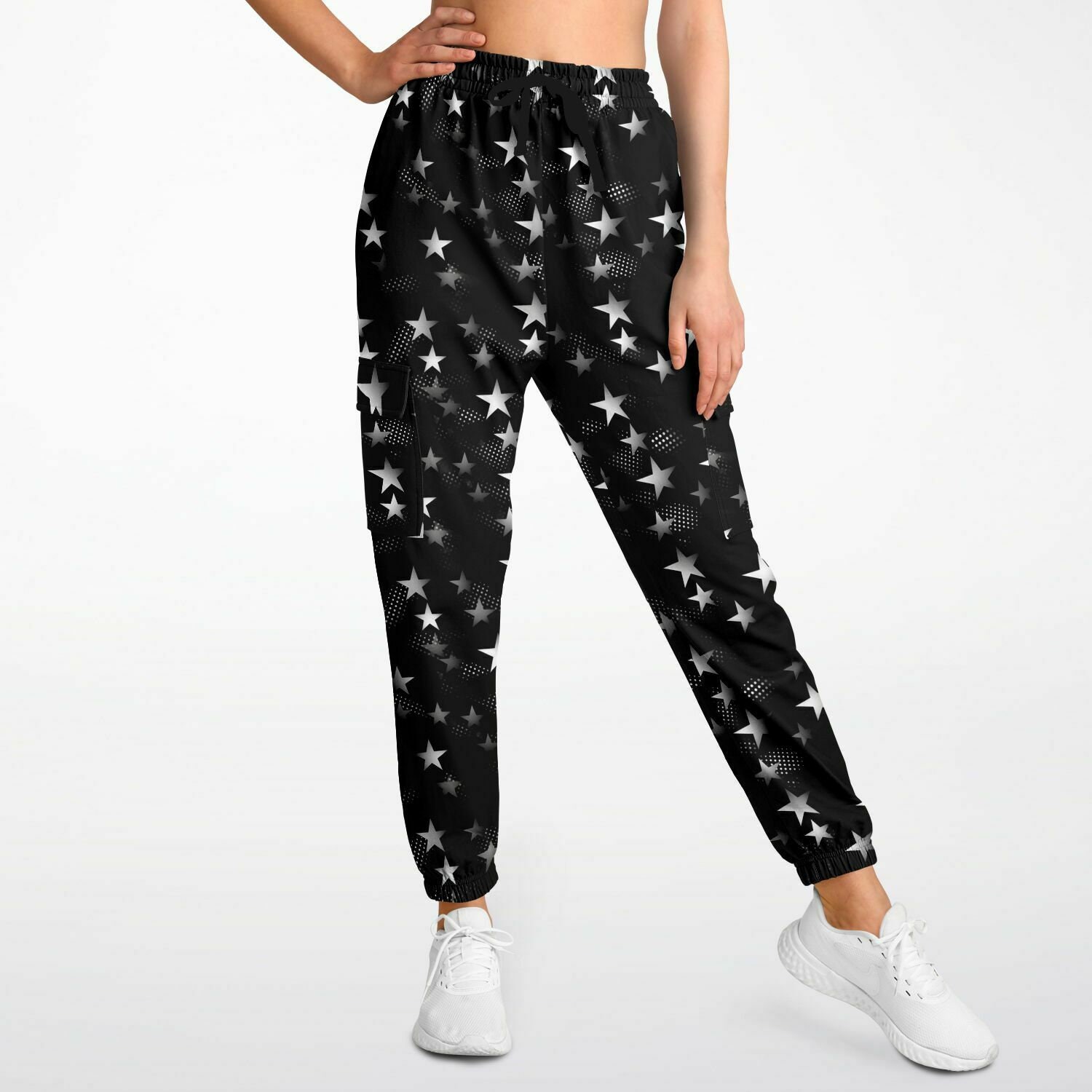 Stars Cargo Pants With Flap Pockets, Black White Men Women Guys