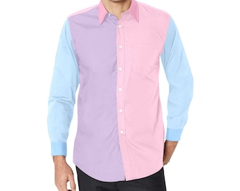 Color Block Long Sleeve Men Button Up Shirt, Pink Blue Purple Pastel Tone Combo Print Buttoned Male Guys Collared Dress Shirt Chest Pocket