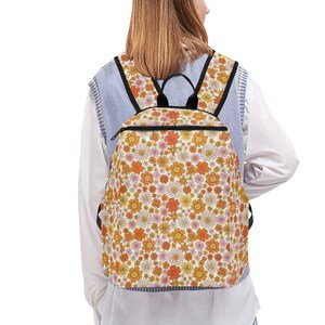 Pink Floral Backpack, Retro Vintage 70s Flowers Men Women Kids Gift Him Her School College Cool Waterproof Side Pockets Laptop Aesthetic Bag