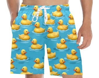 Yellow Rubber Duck Men Swim Trunks Shorts, Print Swimming Mid Length Funny Beach Pockets Mesh Drawstring Boys Casual Bathing Suit Summer