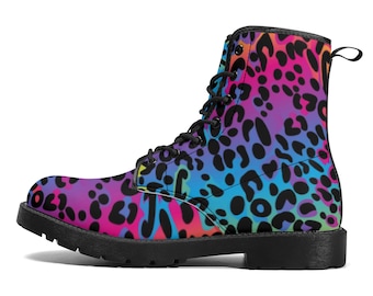 Rainbow Leopard Women's Leather Combat Boots, Animal Print Lace Up Shoes Hiking Festival Black Ankle Work Winter Casual Custom Gift