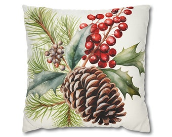 Örngott med julgranskulor, röda bär, botanisk jul, akvarell, fyrkantigt pläd, dekorativt överdrag, kudde 20 x 20, dragkedja, soffa