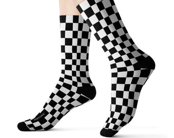 Black White Checkered Socks, 3D Printed Sublimation Check Pattern Racing Flag Women Men Fun Cool Funky Casual Cute Unique Socks