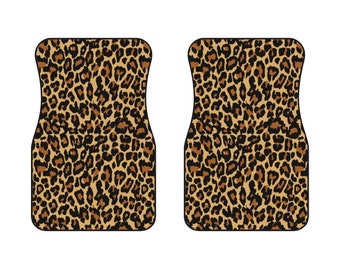 Leopard Car Floor Mats Set (2x Front), Animal Print Aesthetic Women Men Auto Vehicle Suv Truck Accessories Rubber All Weather Mat