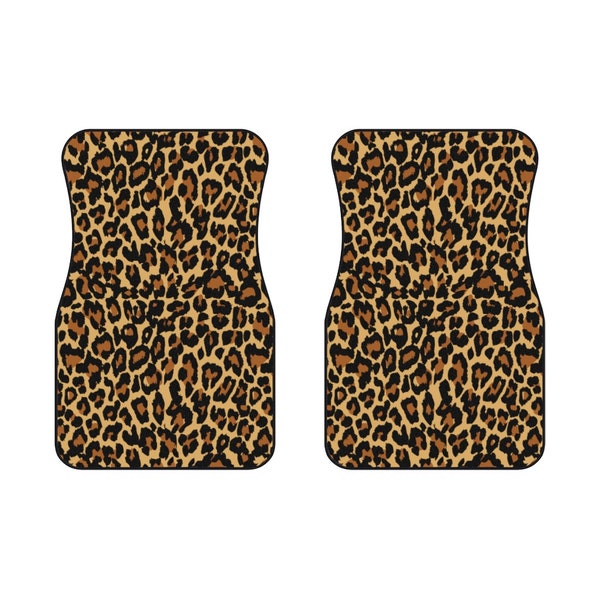 Leopard Car Floor Mats Set (2x Front), Animal Print Aesthetic Women Men Auto Vehicle Suv Truck Accessories Rubber All Weather Mat