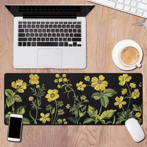 Gelbe Blumen Maus Pad, Floral Schwarz Computer Groß Big XL Gaming Niedlich Einzigartige Gedruckt Schreibtisch Cool Dekoratives Ästhetisches Design Rechteck Matte