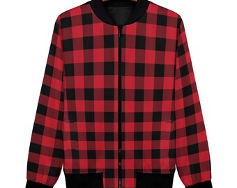 Red Black Buffalo Plaid Women Bomber Jacket, Check Ladies Female Zip Up  Streetwear Winter Vintage Pilot Varsity Warm Designer Coat Plus Size