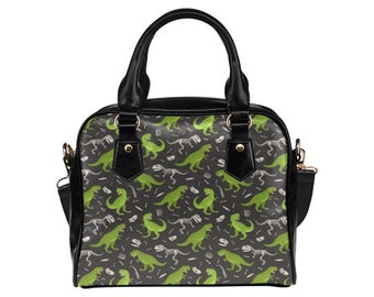 T-rex Purse, Dinosaurs Dino Green Pattern Cute Small Shoulder Zip Bag Vegan Leather Women Designer Handbag Crossbody Ladies