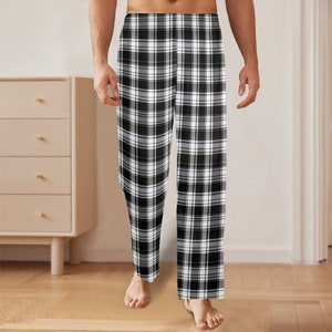 Plaid Men Pajamas Pants, Black White Buffalo Tartan Check Satin PJ Pockets Sleep Trousers Couples Matching Trousers Bottoms