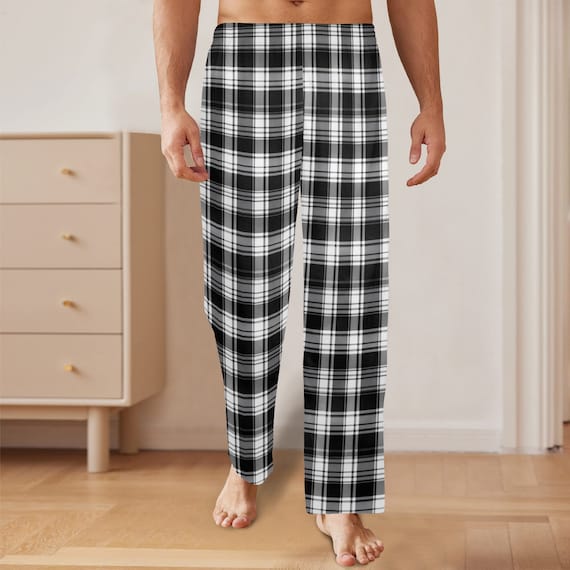 Mens Black & White Plaid Flannel Pants