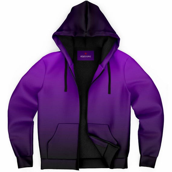 Black Purple Ombre Zip up Fleece Lined Hoodie, Gradient Tie Dye
