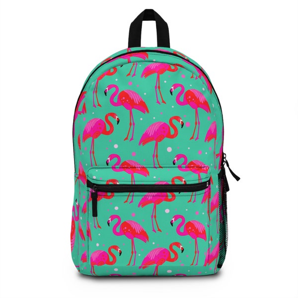 Pink Flamingo Backpack, Green Men Women Kids Gift Him Her School College Waterproof Side Pockets Aesthetic Bag