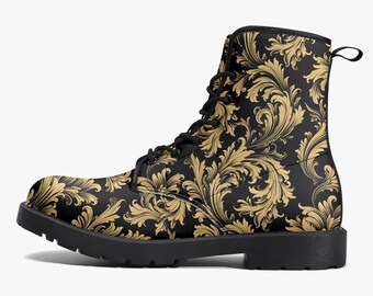 Black Gold Baroque Leather Boots, Printed Lace up Shoes