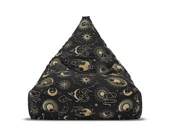 Moon Sun Bean Bag Chair Cover, Space Stars Constellation Black Washable Triangle Furniture Small Large Adult Children Kids Dorm Sack Gaming