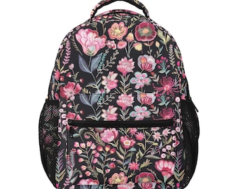 Pink Floral Backpack, Flowers Botanicals Men Women Kids Gift School College  Cool Waterproof Side Pockets Laptop Designer Aesthetic Bag