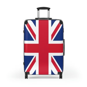 May include: A black suitcase with a Union Jack design. The suitcase has a retractable handle and four wheels.