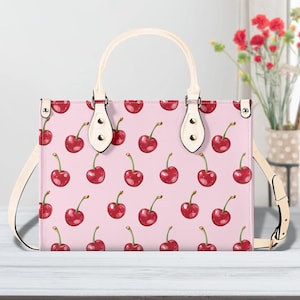 Porte-monnaie rose cerise rouge, fruits amusants kawaii bandoulière en cuir végétalien poignée supérieure sac à main imprimé petit grand sac femme dames designer
