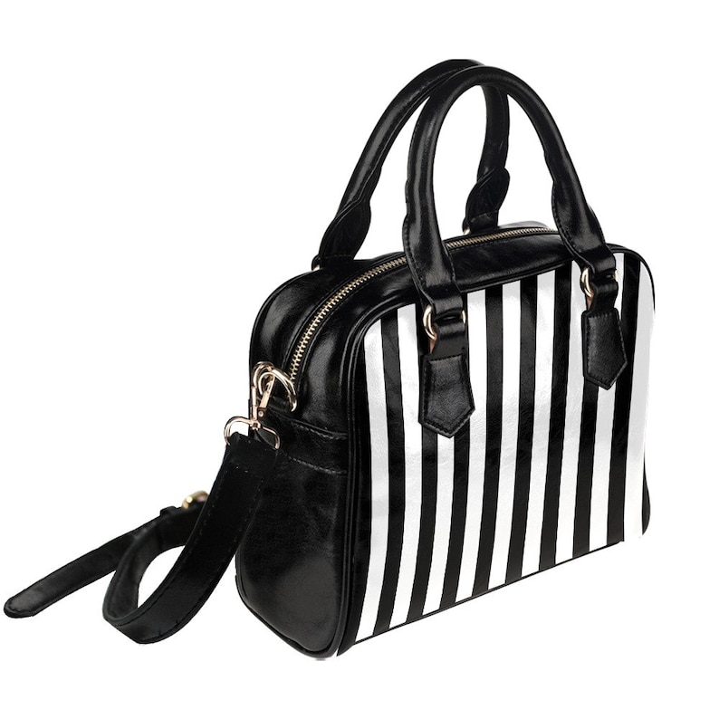 Schwarz-weiß gestreifte Geldbörse Handtasche, Nadelstreifen Streifen Vertikaler Druck Kleine Mini Schultertasche Vegan Leder Damen Designer Crossbody Bild 2