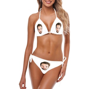 Custom Face Bikini Set, Picture Photo Personalized Bachelorette String High Waisted Cheeky Triangle Plus Size Swimsuits Women Birthday