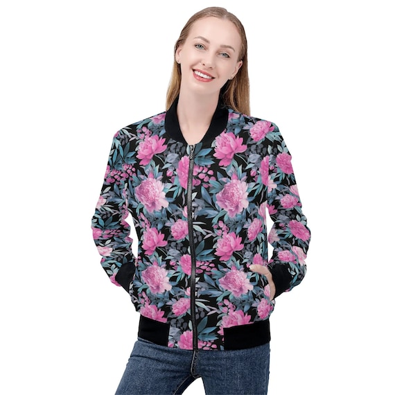 Jaqueta bomber feminina peônia rosa, floral, com zíper, estilo