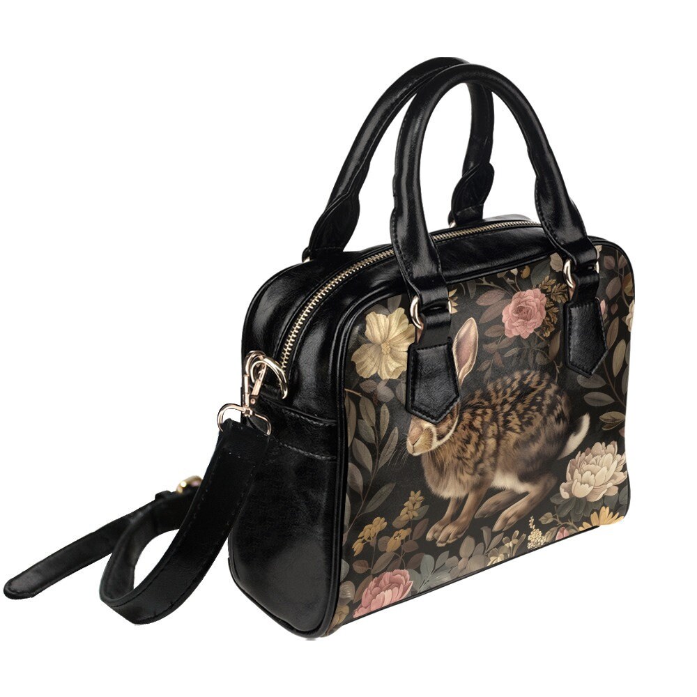 Rabbit Purse, Bunny Animal Retro Vintage Floral Flowers Black