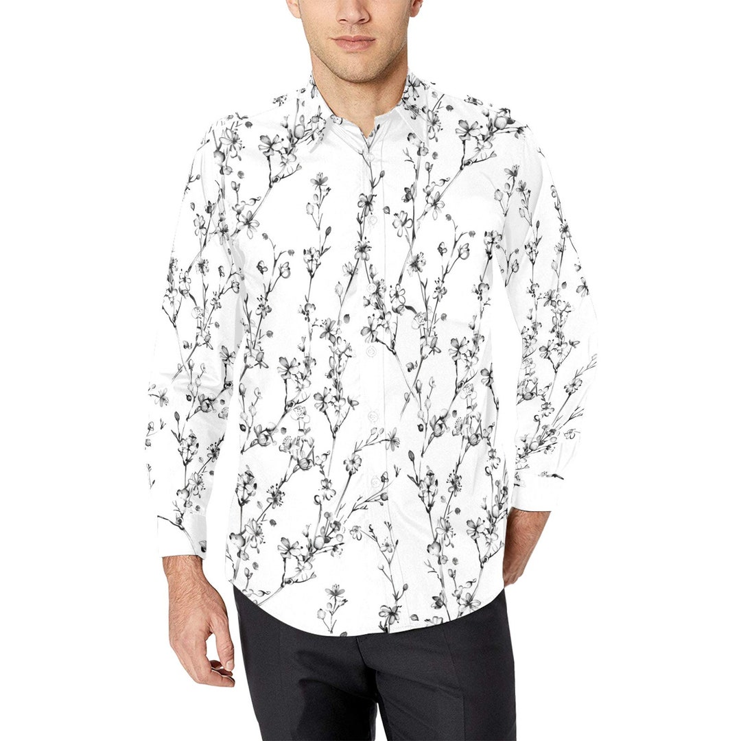 Black and White Floral Long Sleeve Men Button up Shirt, Flowers