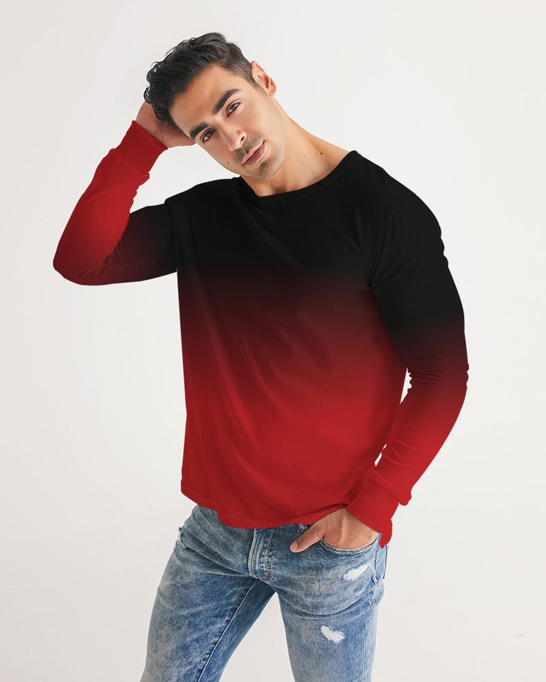 Black Red Ombre Men Long Sleeve Tshirt, Tie Dye Gradient Unisex 