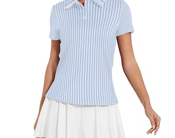 Light Blue White Striped Women Polo Shirt, Slim Fit Short Sleeve Collared Casual Summer Buttoned Down Up Sports Golf Tee Top Tshirt