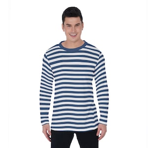 Blue and White Striped Men Long Sleeve Tshirt, Breton Unisex Guys Women Designer Graphic Aesthetic Printed Crew Neck Tee Shirt