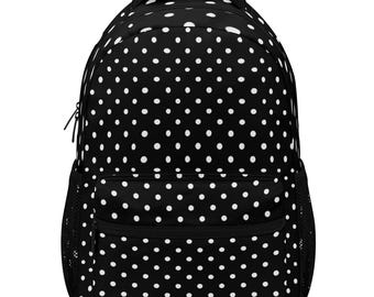 Polka Dots Backpack, Black White Monochrome Cute Geometric Men Women Kids Books School College Waterproof Pockets 15 Inch Laptop Travel Bag