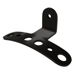 May include: Black metal motorcycle bracket with five holes. The bracket is shaped like a backwards L with a curved bottom.