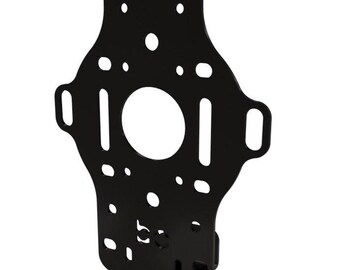 May include: Black metal mounting bracket with a circular cutout and multiple holes. The bracket has a curved shape and a flat surface.
