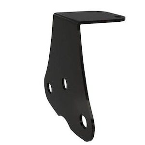 May include: Black metal bracket with three holes. The bracket is shaped like an L and has a flat surface on the top.