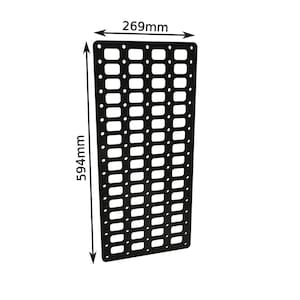 May include: Black metal pegboard measuring 269mm wide and 594mm high. The pegboard has a grid pattern with evenly spaced holes.