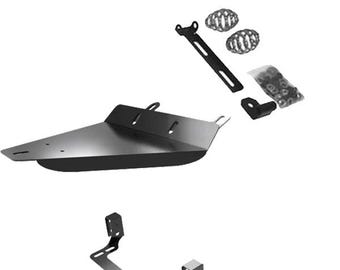 May include: A collection of motorcycle components, featuring a black metal fender, brackets, and two wire mesh headlight covers. Also included is a black mounting bracket and a small bag of fixings.