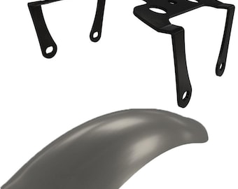 May include: Black metal motorcycle fender bracket with a gray fender. The bracket has multiple holes for mounting.