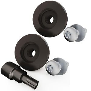 Może przedstawiać: Asortyment elementów sprzętowych, w tym dwie czarne, okrągłe podkładki z centralnym otworem, dwie srebrne śruby z główkami w kształcie gwiazdy i czarny klucz imbusowy. Elementy są ułożone na białym tle.