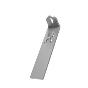 May include: A silver metal bracket with a cut-out design. The bracket is shaped like a right angle and has a small hole at the top.