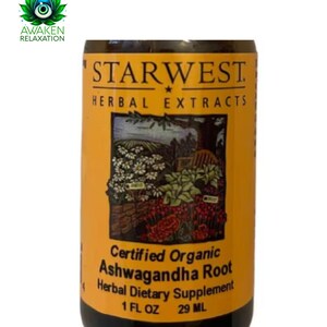 May include: A brown glass bottle with a yellow label that reads "STARWEST. HERBAL EXTRACTS" and "Certified Organic Ashwagandha Root Herbal Dietary Supplement 1 FL OZ 29 ML". The label features a colorful illustration of a garden scene.