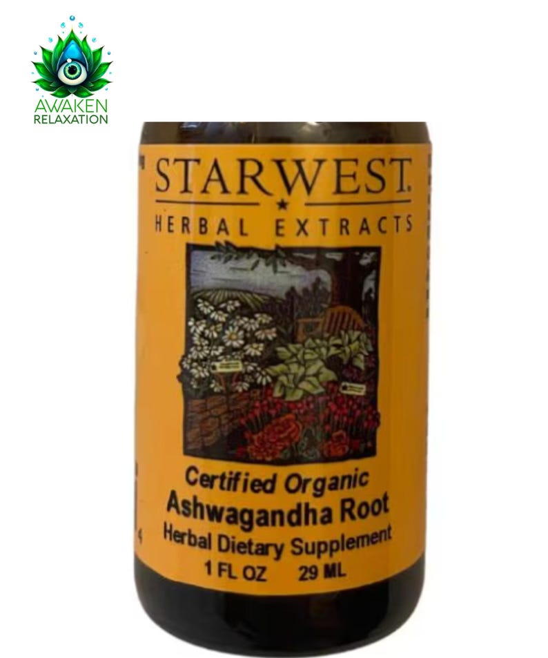 May include: A brown glass bottle with a yellow label that reads "STARWEST. HERBAL EXTRACTS" and "Certified Organic Ashwagandha Root Herbal Dietary Supplement 1 FL OZ 29 ML". The label features a colorful illustration of a garden scene.