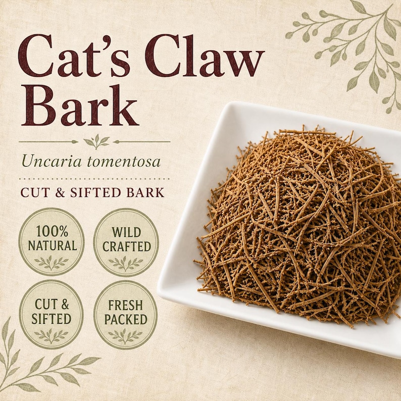 May include: A white square bowl filled with brown Cat's Claw Bark, labeled Uncaria tomentosa, Cut & Sifted Bark. The text includes 100% Natural, Wild Crafted, Cut & Sifted, and Fresh Packed, with decorative leaf illustrations on a beige background.