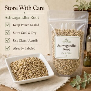May include: A clear resealable pouch filled with cut and sifted Ashwagandha root, accompanied by a white square bowl containing the same root pieces. The pouch features a label reading Ashwagandha Root Cut & Sifted, with storage instructions.