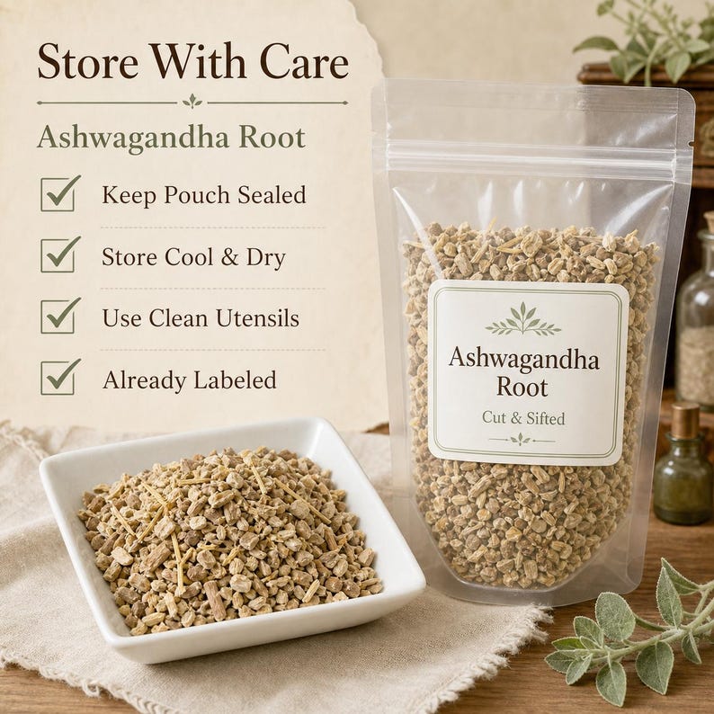 May include: A clear resealable pouch filled with cut and sifted Ashwagandha root, accompanied by a white square bowl containing the same root pieces. The pouch features a label reading Ashwagandha Root Cut & Sifted, with storage instructions.