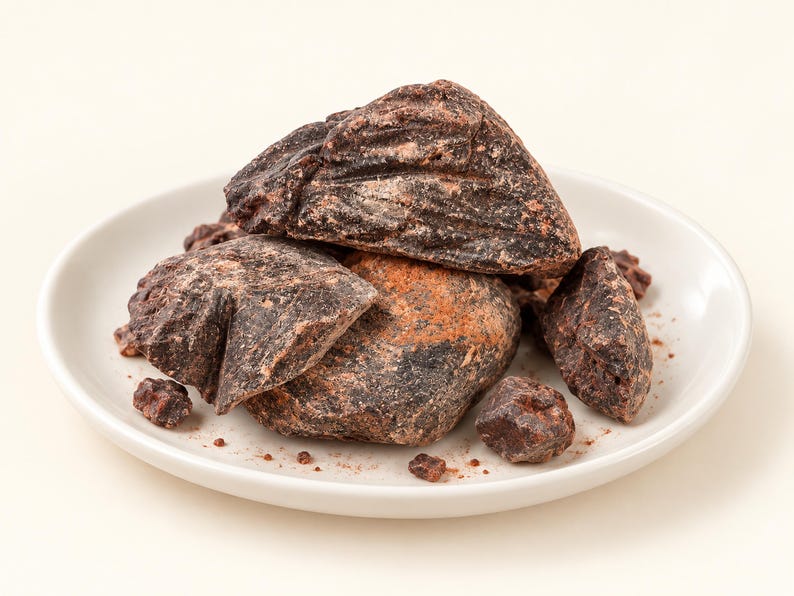 May include: A pile of dark brown, irregularly shaped chunks of raw cacao butter or chocolate mass resting on a small, round, white ceramic plate. The pieces have a rough, textured surface with visible variations in color, ranging from deep brown to reddish-brown tones, with small crumbs scattered on the plate.